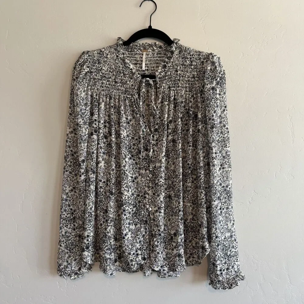 Free People Long Sleeve Floral Smocked Blouse Blue Size M Boho Summer Top